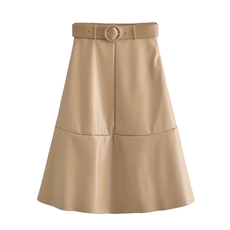 

TRAF Women 2021 Fashion With Belt Faux Leather High Waist Skirt Retro Side Zipper Loose Female Half Skirt Streetwear