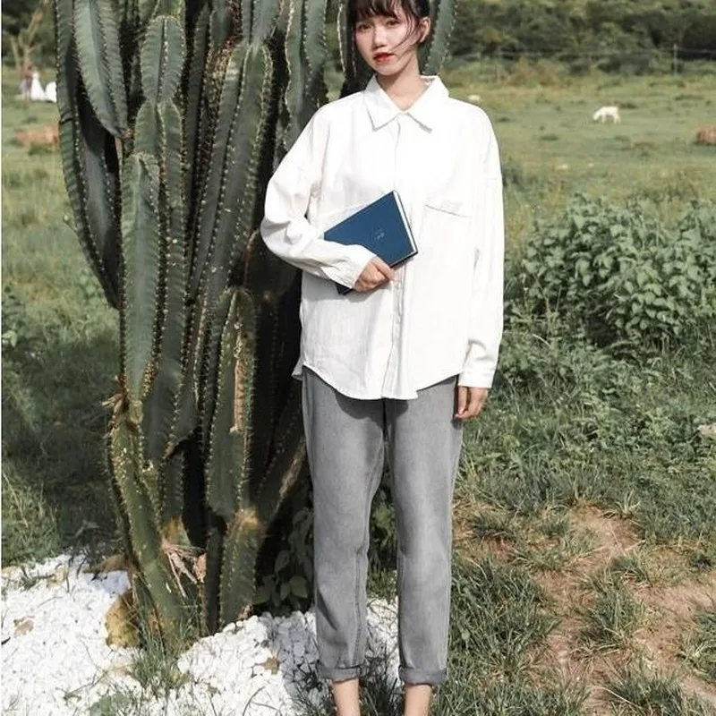 

Blouse Women Shirts Turn-down Collar Long Sleeve Plaid Outwear Pocket White Korean Style Students Leisure All-match Chic