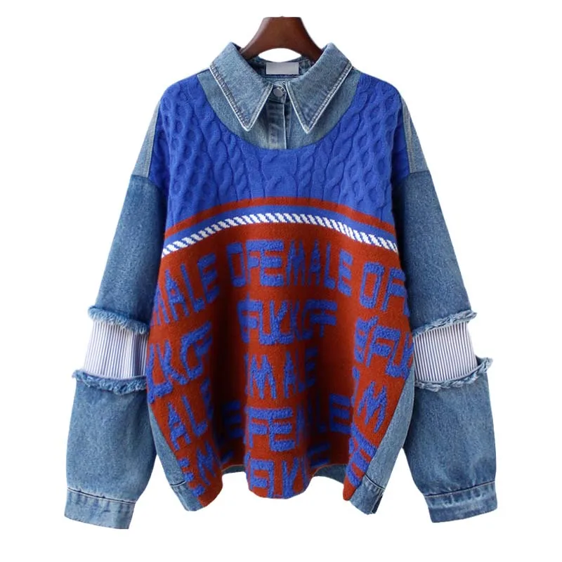 

SONDRFashion Fake Two Long Sleeve Stitching Letter Design Women Knit Loose Denim Patchwork Sweater Holes 2021 Spring