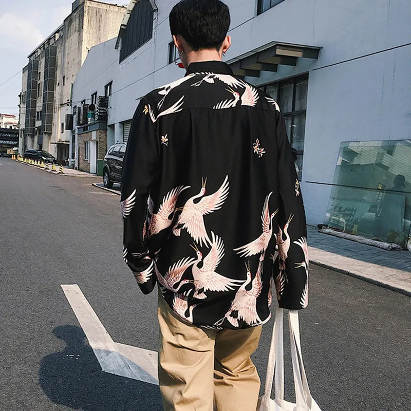 

Unisex Blouses Harajuku Men Women Retro Chiffon Printed Blouses Ladies Long-Sleeve Vintage Shirts Femme Streetwear