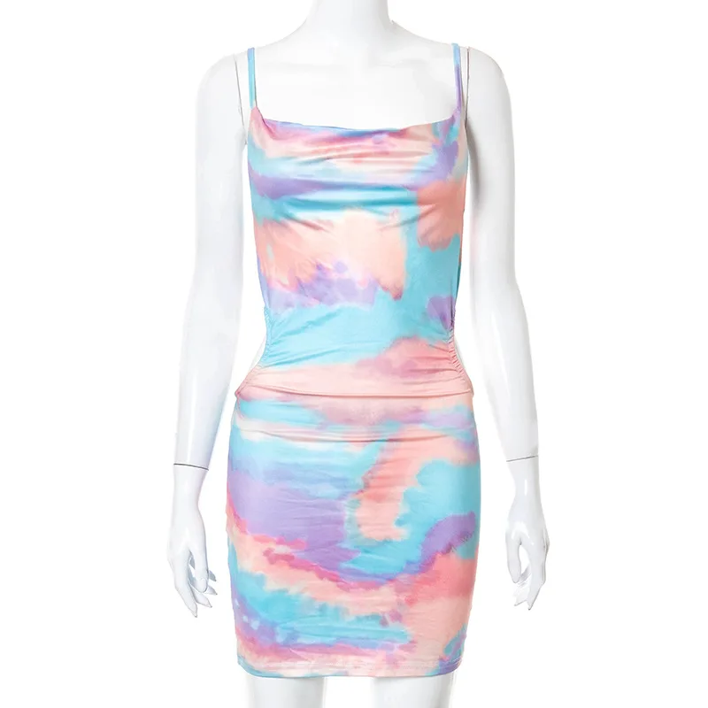 

2021 women's summer new fashion tie-dye printing high waist low-cut sexy sling dress women