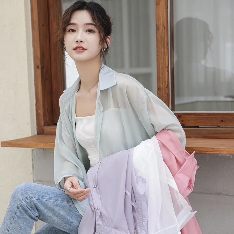 

Женская рубашка в стиле ретро Port Flavor, летняя Свободная рубашка в Корейском стиле для студентов, шифоновая рубашка с защитой от солнца, женск...