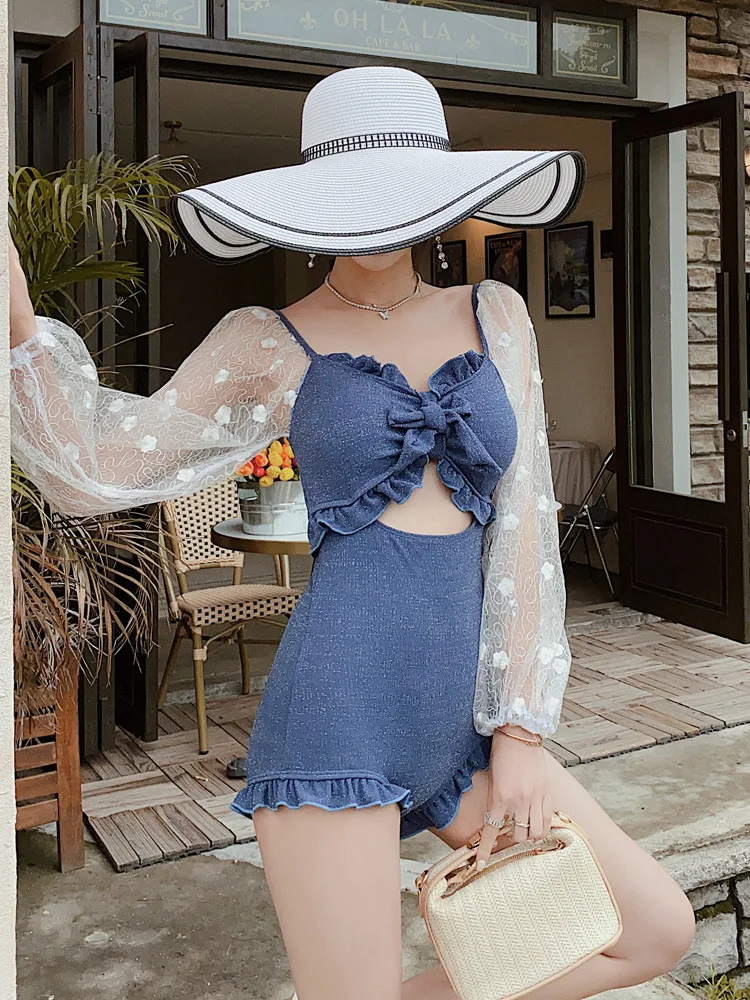 

Swimsuit With Push Up Female Closed Swimming Suit Plus Size Onepiece High Waist Korea Swimwear Women Retro Sexy One Piece Blue