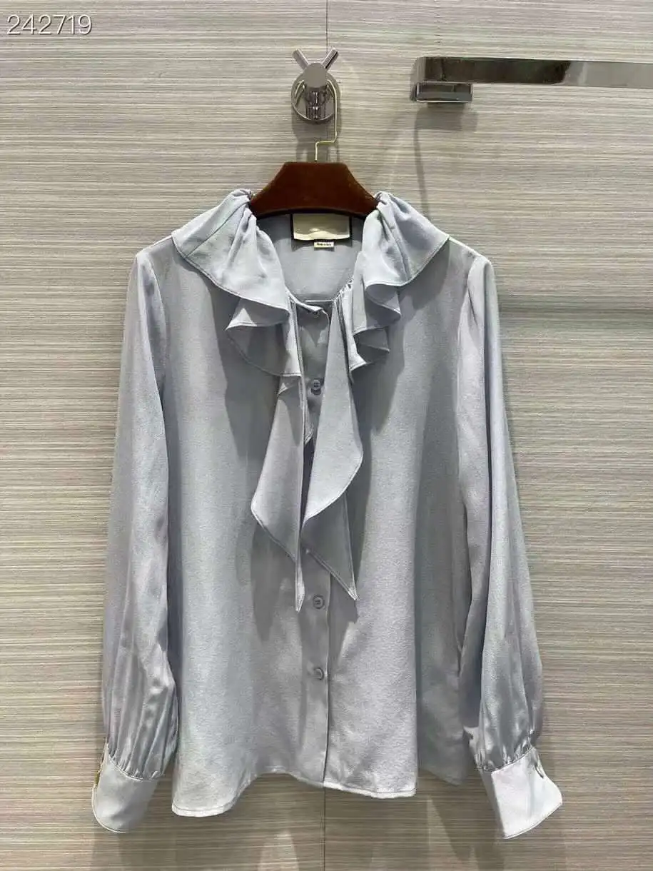 

Fyion Women Silk Blouse Solid Ruffled Collar Long Sleeve Single Breasted Vintage Shirt and Tops 2021 Autumn