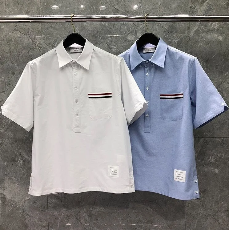 

2021 TB Fashion THOM Brand Shirts Men Slim Pocket Striped Pullover Casual Shirt Turn Down Collar Oxford Solid Men's Clothing