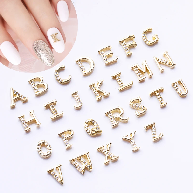 1Pc 3D Capital Letters Nail Decoration Golden Metal Flat Back English Letter Charms Art Decor Tool DIY Design | Красота и здоровье