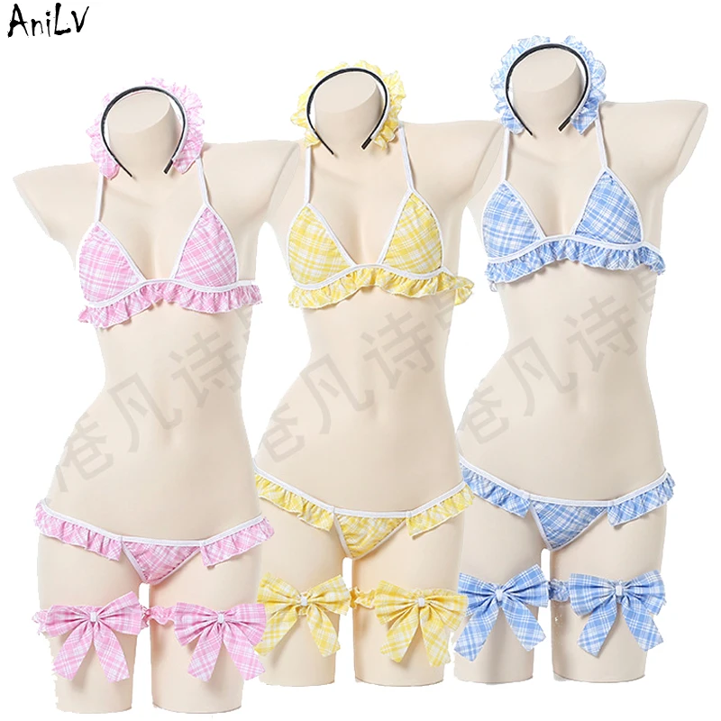 

AniLV Pool Party Girl Lolita Plaid Bikini Swimsuit Set Underwear Costume Anime Maid Swimwear Uniform Lingerie Cosplay Clothes