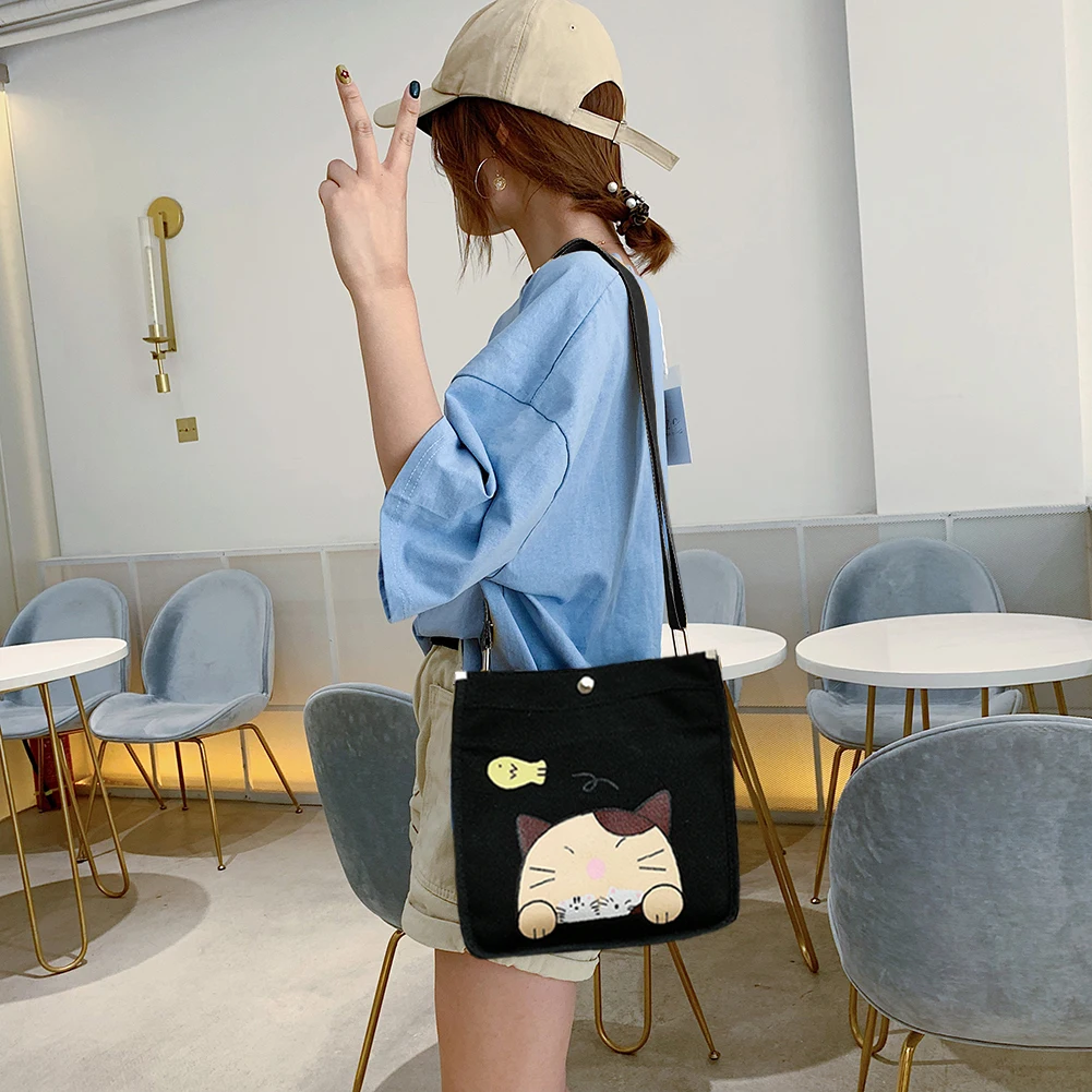 2pcs/set Women Canvas Cartoon Cat Print Shoulder Crossbody Handbags Pen Bag Shopping | Багаж и сумки