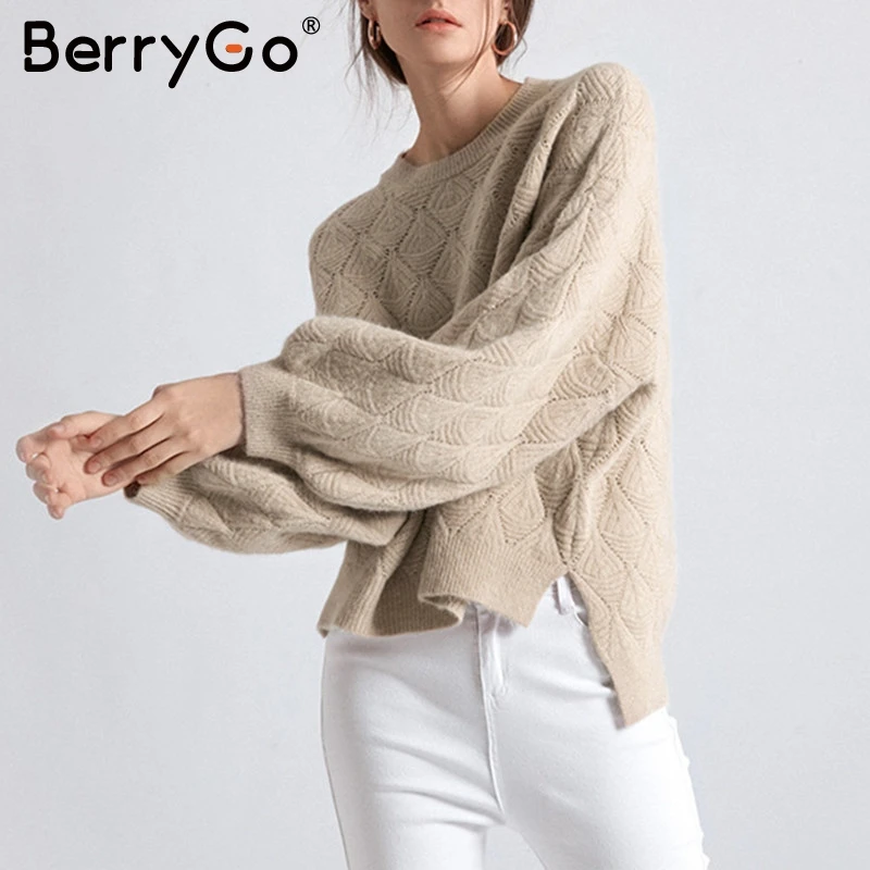 BerryGo вязаный свободный женский с пышными рукавами свитер Элегантный пуловер