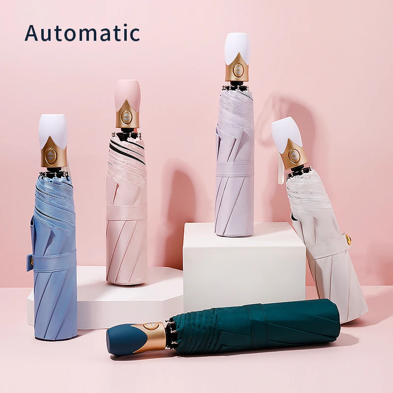 

High Quality Automatic Umbrella Rain Women Three-folding Umbrella Windproof Pure Color Umbrella Female Waterproof parasol