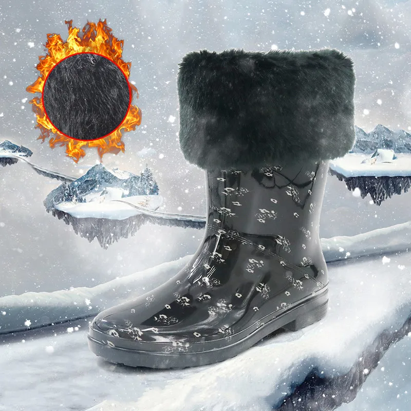 New Plush Lining Print Rain Boots Women Winter Mid-Calf Warm Water Boots Female Winter Waterproof Footwear Slip-on Rainboots