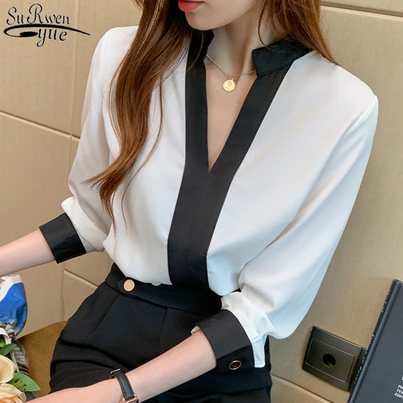 

Autumn Casual V-Neck Blouse 2021 New Women White Long Sleeve Chiffon Women's Shirts Solid Ladies Tops Pullovers Blusas 11189