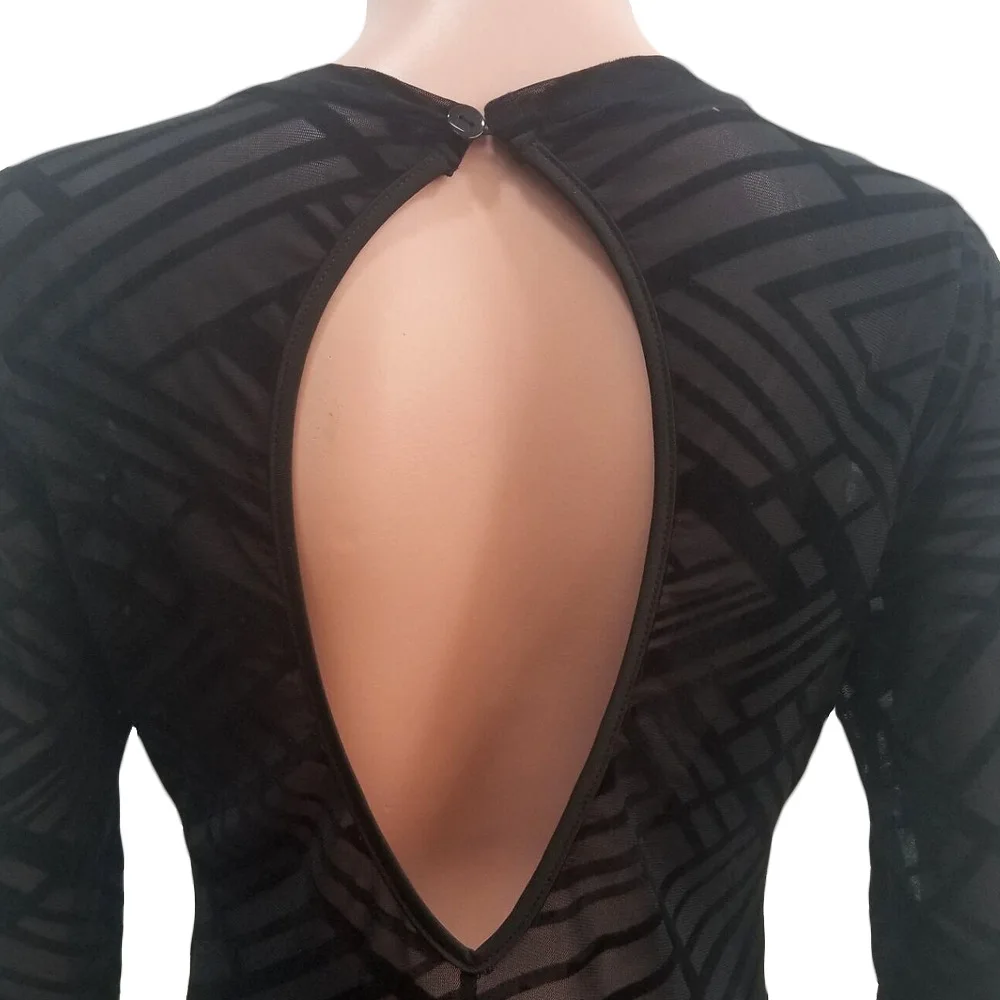Женский черный облегающий комбинезон с длинным рукавом однотонный сетчатый
