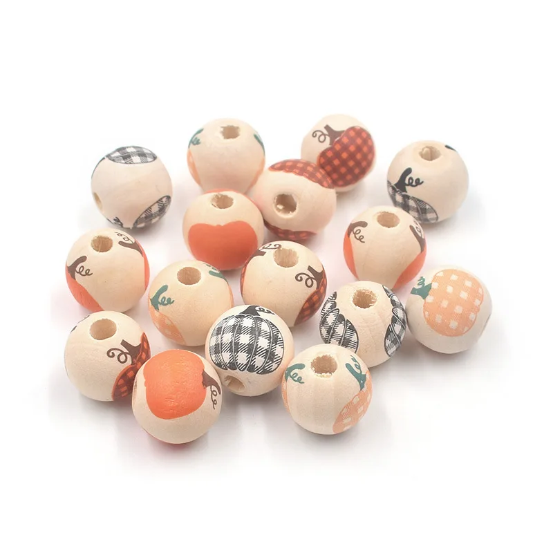 

10pcs Thanksgiving Wood Buffalo Plaid Beads Plaid Pumpkin Print Wooden Beads Natural Round Wood Spacer Bead for DIY Crafts