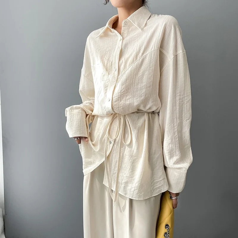 

Spring Soft Mid Length Blouse Womens Buttoned Shirts Lace Up Blusas Mujer 2021 New All Match Long Sleeve Womens Tops