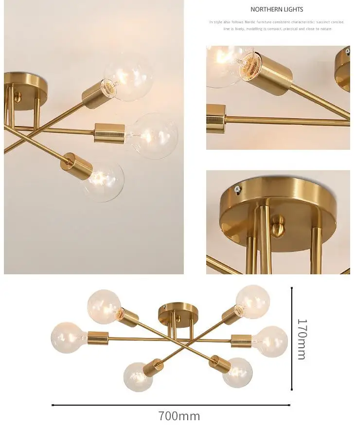 

Modern Sputnik Ceiling Lights Fixture Nordic Semi Flush Mount Ceiling Lamps Brushed Antique Gold Lighting 6-light Home Decor