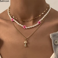 baroque simulated pearls beaded chain choker necklace for women girls cute mushroom pendant necklace pink flowers jewelry gifts