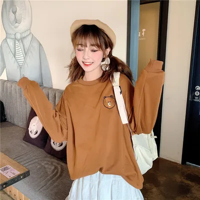 Женские толстовки Harajuku мультипликационный кролик в стиле кавай коричневый медведь вышивка Kpop негабаритный свитер Корейская уличная одежда - Цвет: brown