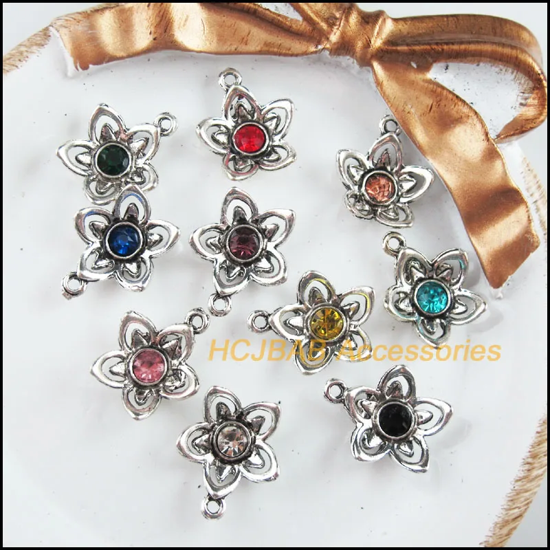 

10 New Flower Charms Tibetan Silver Tone Retro Mixed Crystal Pendants 14x17mm