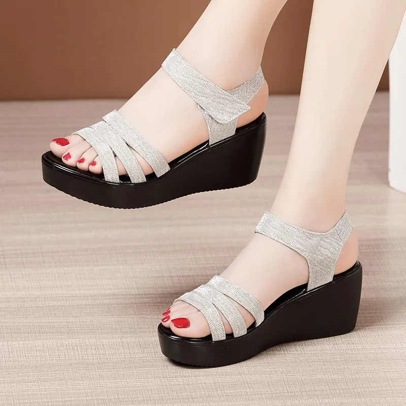 

6cm Small Plus Size 32-43 Platform Wedges Sandals Women Shoes Summer 2021 Open Head Medium Heels Sandals Mother Foowear Beach