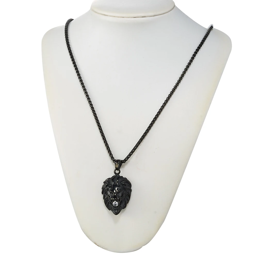 

Biker Stainless Steel Cool Black Lion Head With Bling Crystal Animal Pendant Men's Women's Fashion Jewelry Free Box Link Chain