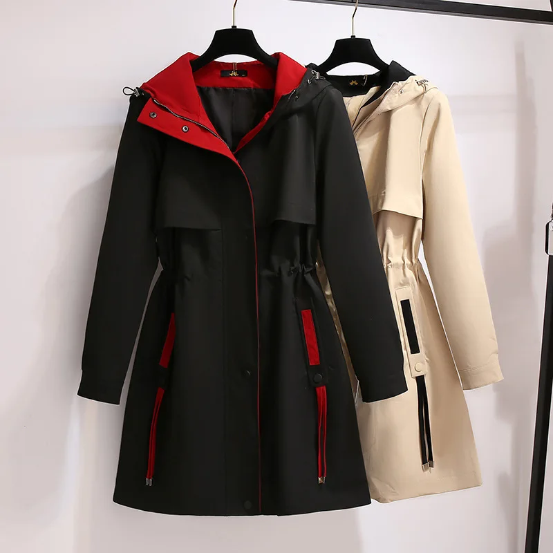 

62714 Autumn Women’s Trench Coat Plus Size Fashion Hooded Windbreaker Zipper Streetwear Large 5Xl 6xl Female Versatile Outerwear