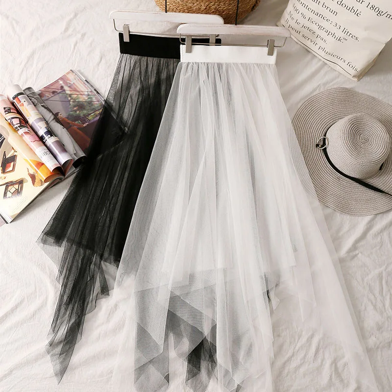 

Women Sexy Tulle Lace Mesh Irregular Long Midi asymmetrical Skirt Summer Vintage High Waist Transparent flowy Black White Skirts