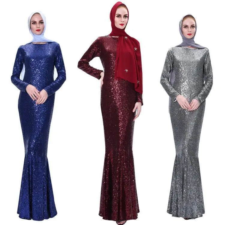 

Arabic Muslim Dress Evening Gowns Women Long Sleeve Luxury Dubai Prom Sequin Sparkle Maxi Dresses Islamic Fashion Turkish Robe