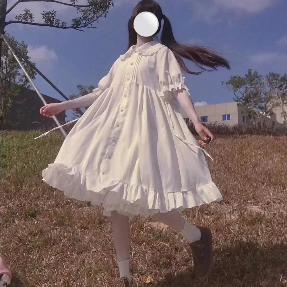 

Puff Sleeve White Dress Lolita Long Sleeve Soft Girl Fairy Dress Spring Doll Collar Lace Ruffled Dress Cute Girl Japanese Dress