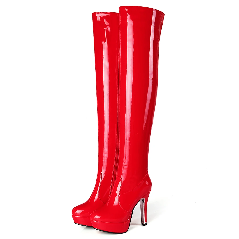 red style 2 BONJOMARISA 32-48 модные сапоги до бедра из лакированной искусственной кожи женские вечерние ботфорты выше колена женская обувь на платформе и высоком каблуке - Цвет: red style 2