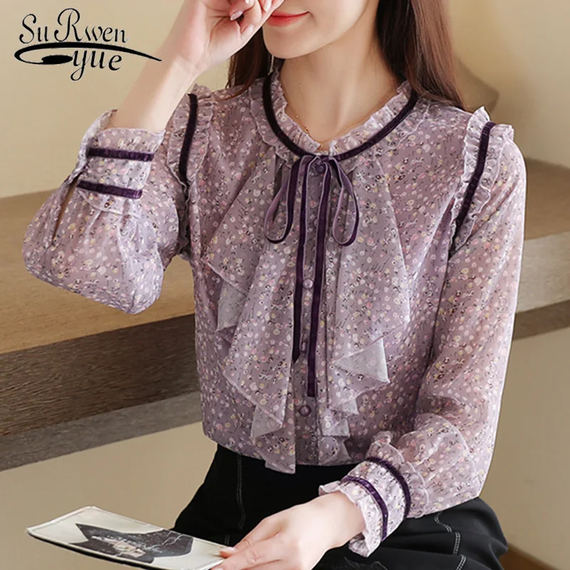 

Bow Temperament Purple Women Tops Floral Spring Fancy Fashion Long Sleeve Chiffon Women Shirt Flower Hollow Lady Blouses 8468 50