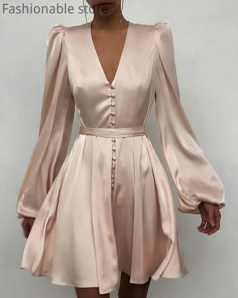 

2021 Women Vintage Lantern Sleeve Deep V Neck Buttoned Design Satin Dress