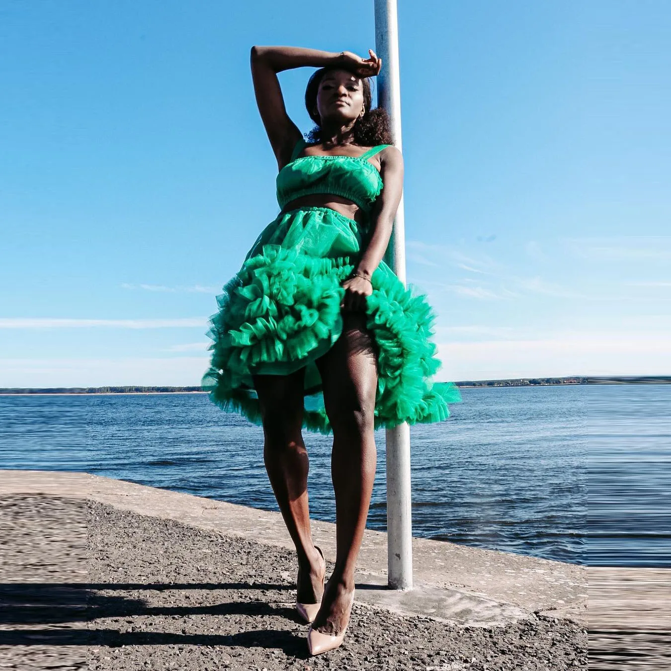 

Green Two Pieces Cocktail Dresses A Line Tiered Ruffles Tulle Cheap Party Dress Knee Length Prom Dress For Black Girls Vestidos