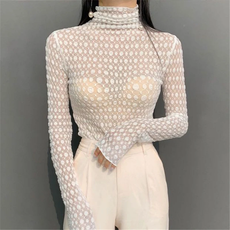 Открытая Кружевная футболка Женская мода 9 цветов водолазка с длинным рукавом