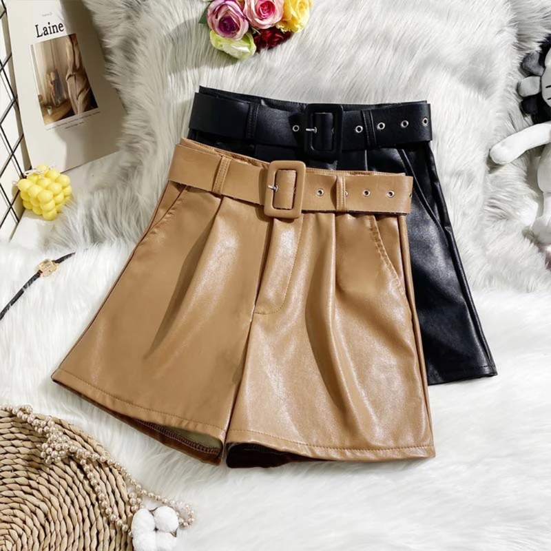

Women Fashion Versatile High Waist PU Leather Wide Leg Shorts With Belt