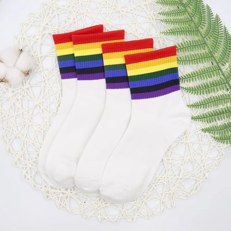 2 pairs 2 пары, женские модные носки с радугой, зимние женские носки, хлопковые носки с радужными полосками, модные теплые Повседневные носки для девочек в стиле Харадзюку - Color: 2 pairs
