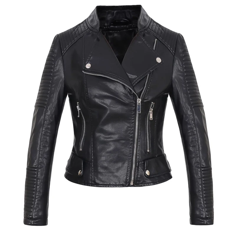 Куртка женская из искусственной кожи на молнии в байкерском стиле|black faux leather