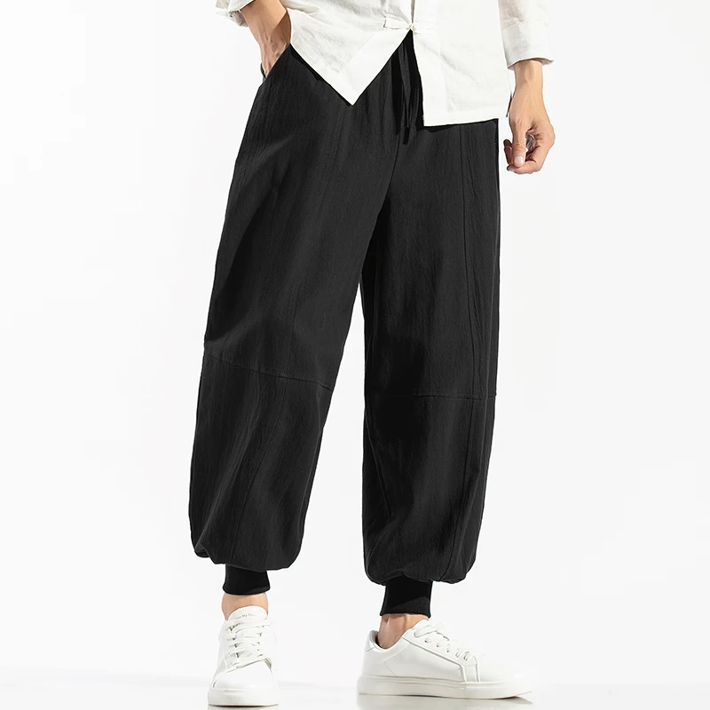 Мужские свободные однотонные хлопковые льняные повседневные шаровары мужские