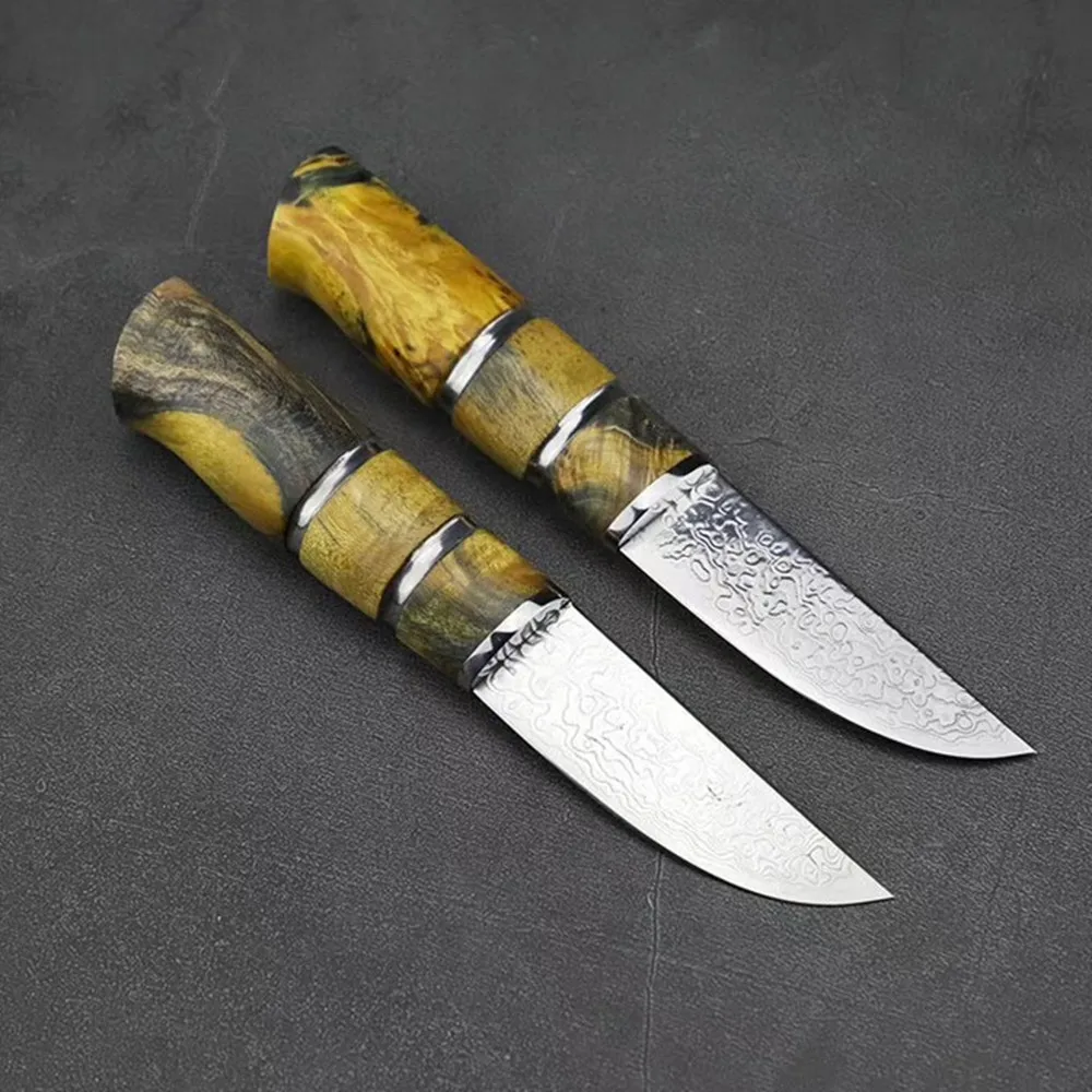 Дамасская сталь Открытый тактика прямой нож Желтый hilt край охотничий