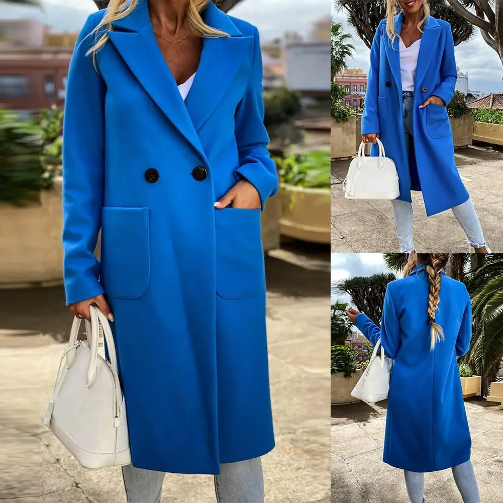 Женское длинное пальто с отложным воротником и пуговицами на осень зиму теплая