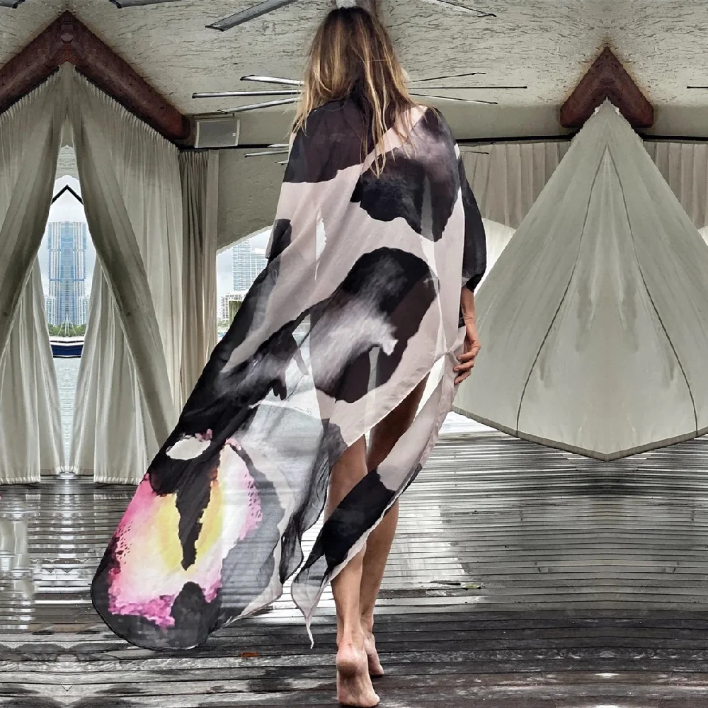 2021 Black Boho Printed Chiffon Top Plus Size Clothing For Women  Kimono Dress Ins Style Shirts Blouse Dresses Summer A796