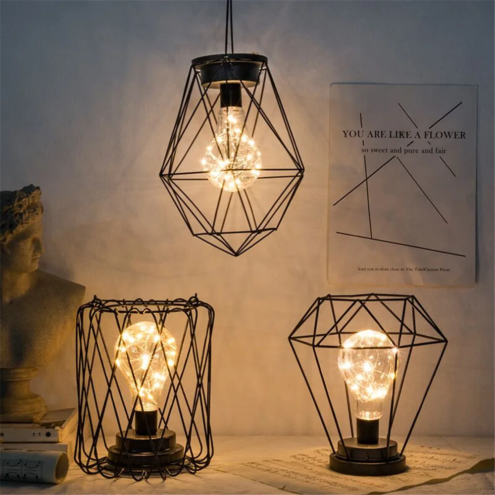 

Retro Iron Art Minimalist Table Lamp Battery Powered Hanging Lantern Lamp Night Lights For Bedroom Bedside Xmas Decoration Light