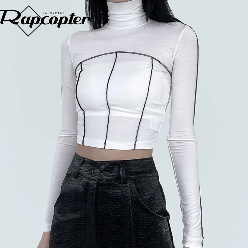 

Rapcopter Patchwork White Crop Top Cotton Casual Harajuku Tee Full Sleeve Turtleneck Corset Tshirt Women Korean Chic Pullovers