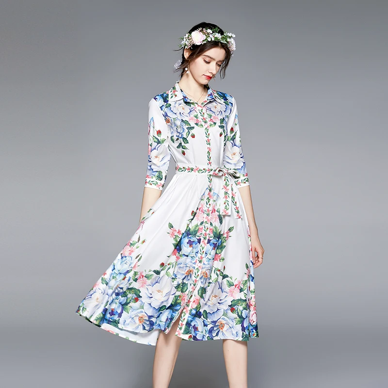 

Dresses for Women Summer 2021Office Lady A-LINE Elegant Young Harujuku Printing Knee-Length Turn-down Collar Chiffon Empire