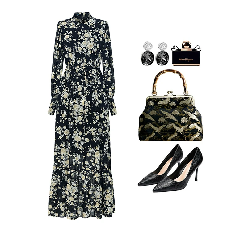

High Quality Prairie Chic Spring Autumn Long Dress for Women Chiffon Print Designer Evening Clothing Ball Gown Party DZ2572