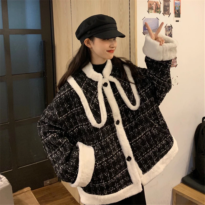 Женское шерстяное пальто толстое твидовое Свободное в клетку с кроличьими