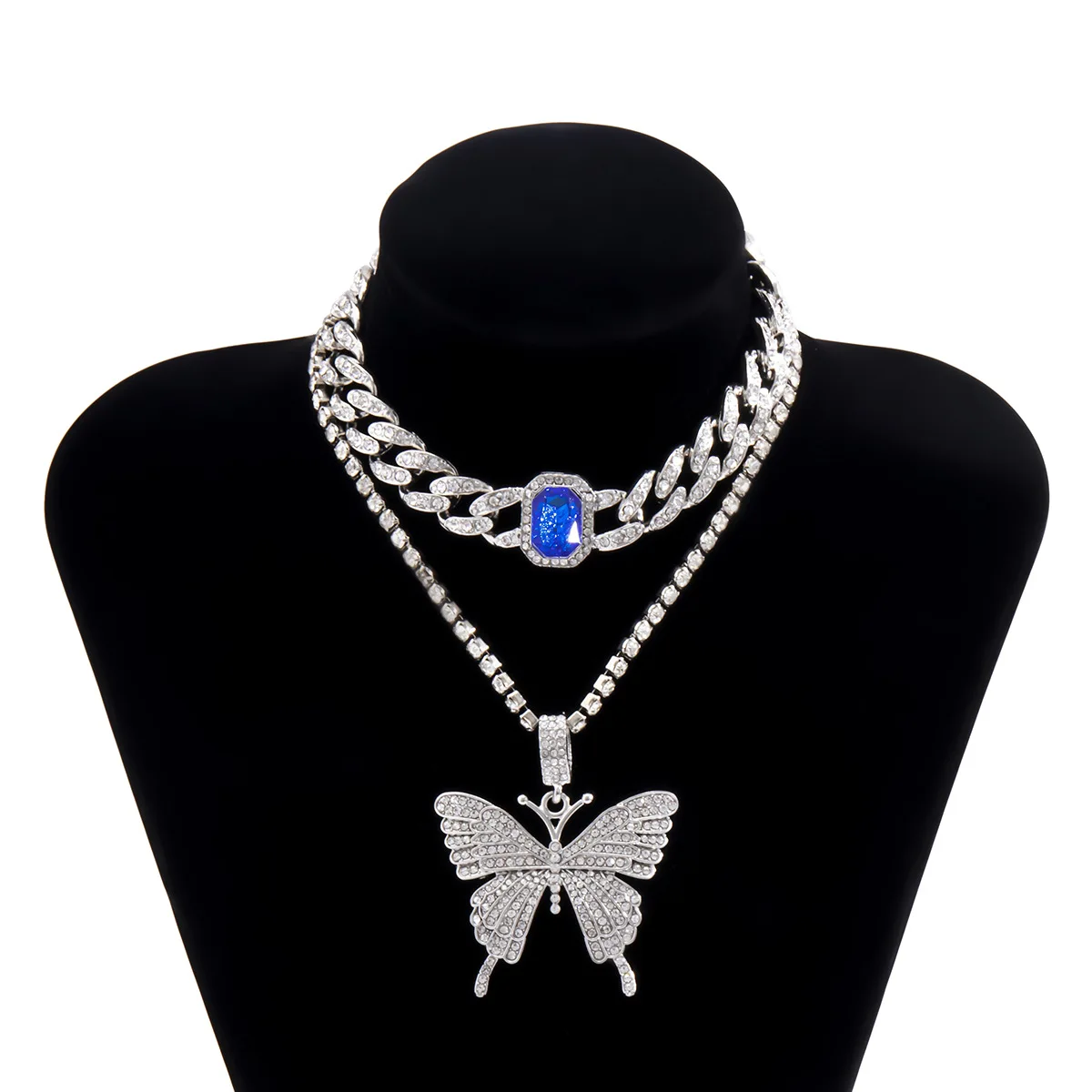 

Personality Cuban Chain Exaggerated Necklace for Women Female Fashion Temperament Diamond Inlaid Butterfly Gem Necklace Choker