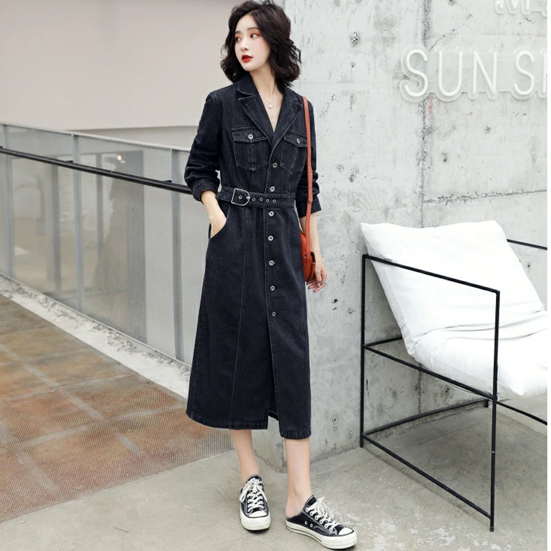 Джинсовое платье женское осеннее Новое корейское модное приталенное черное