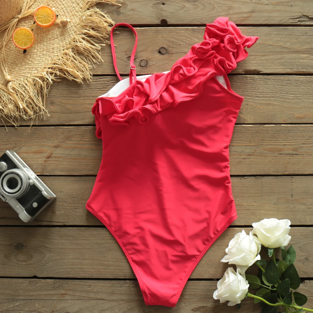 Сексуальный однотонный красный купальник женский на одно плечо пляжная одежда с
