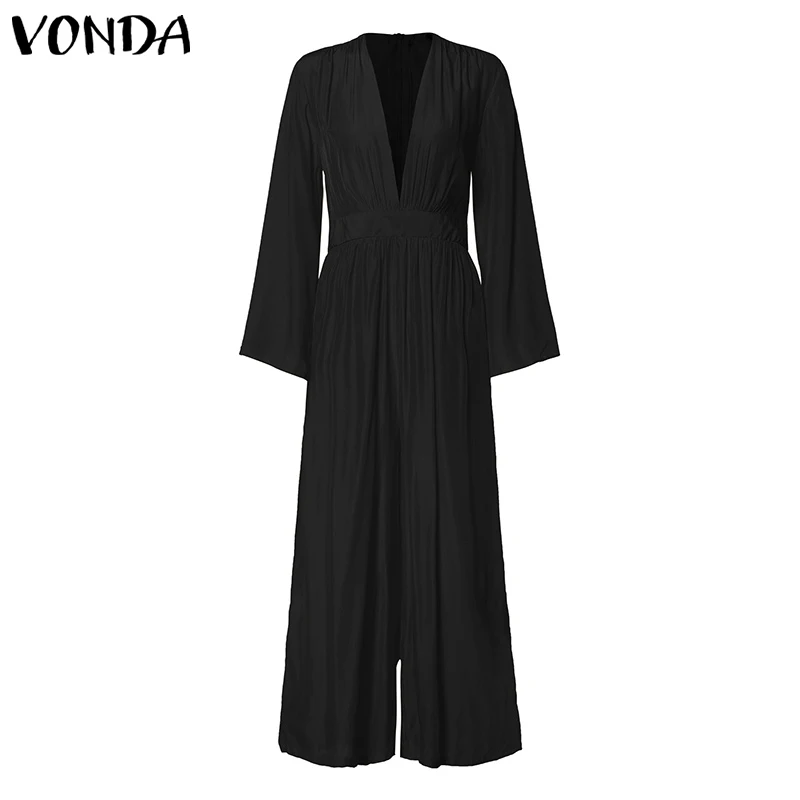 Черный VONDA, женский комбинезон, комбинезон с рукавом 3/4, v-образный вырез, повседневный комбинезон для подвижных игр, женский свободный черный комбинезон с широкими штанинами размера плюс 5XL - Цвет: Черный